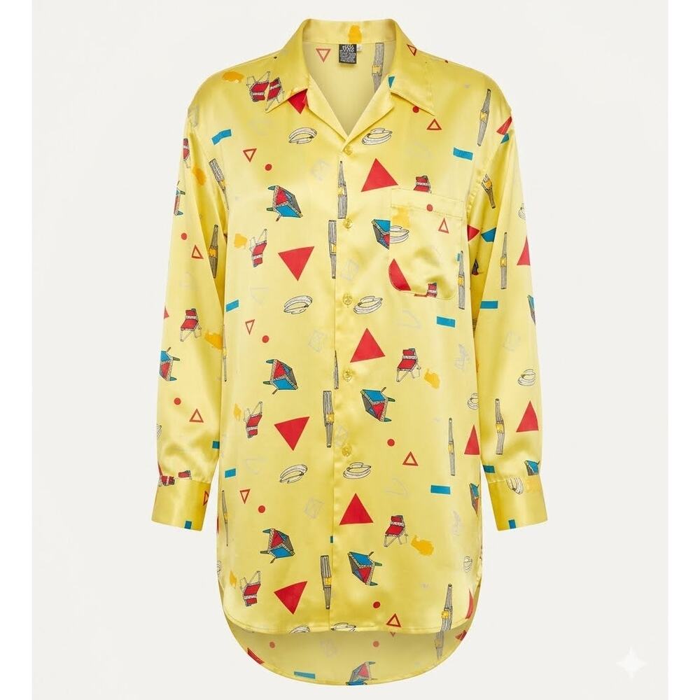 VTG 80s 90s JAG Yellow Satin Geometric Novelty Print Shirt Dress Oversized